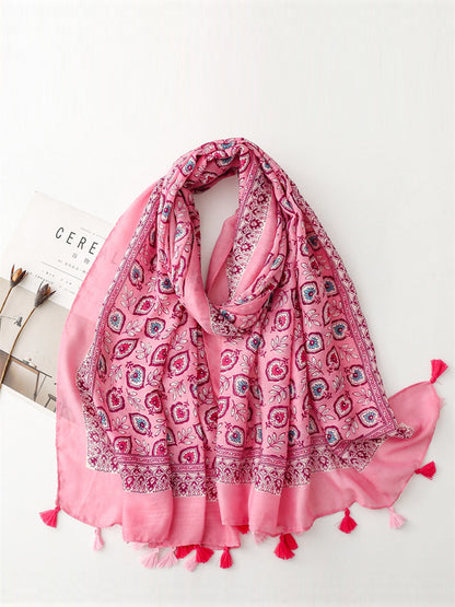 Bohemian Leaf Print Tassel Travel Shawl Scarf CV1021