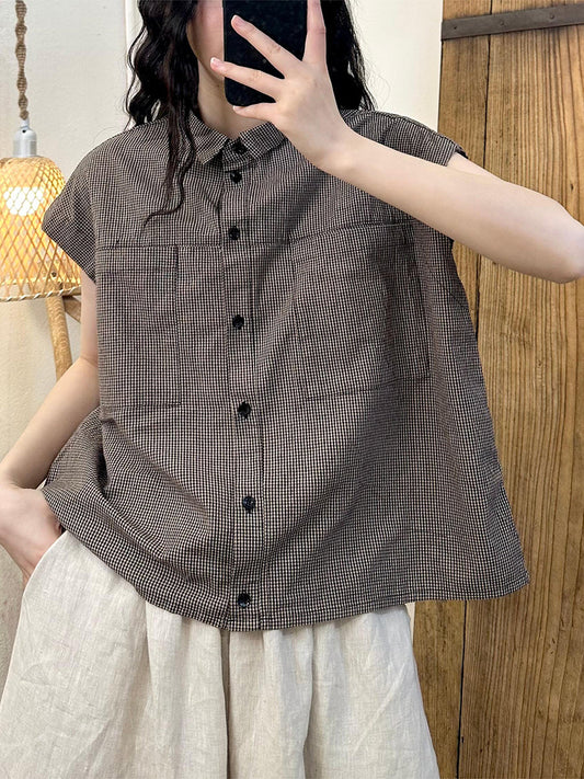 Women Summer Vintage Lattice Button-up Cotton Shirt CV1015