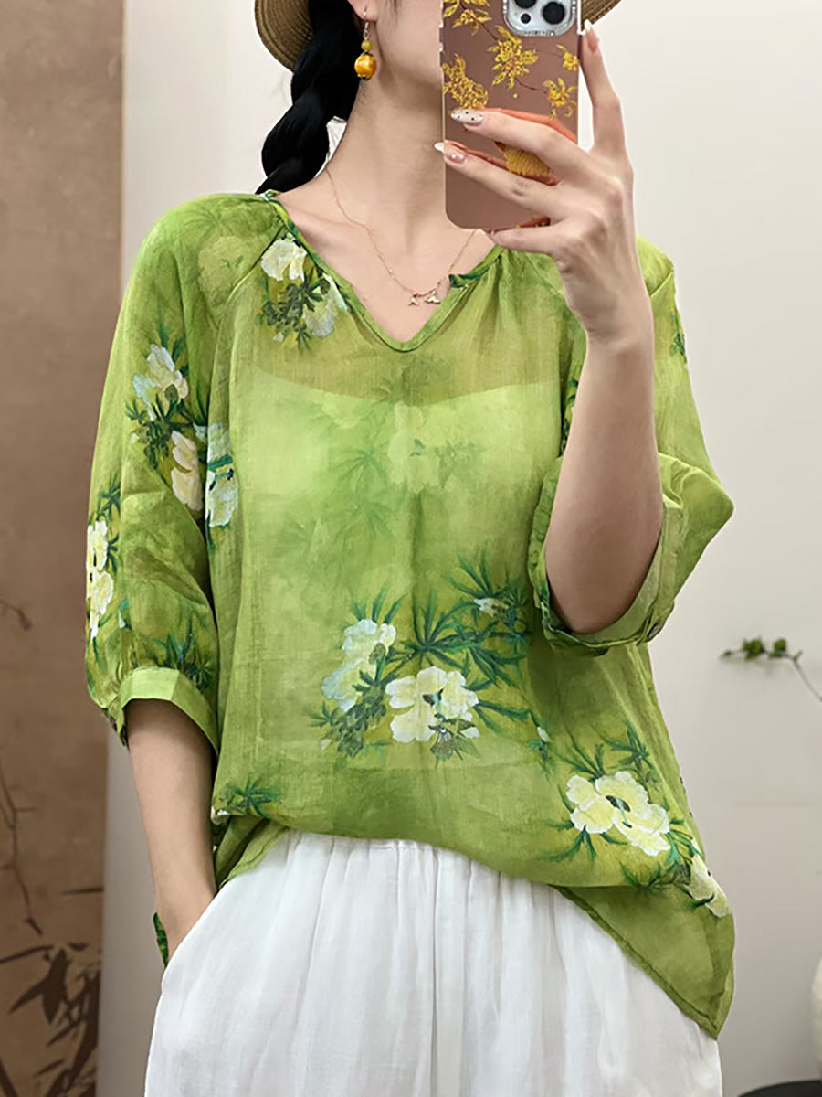 Women Summer Artsy Flower V-Neck Ramie Shirt CX009