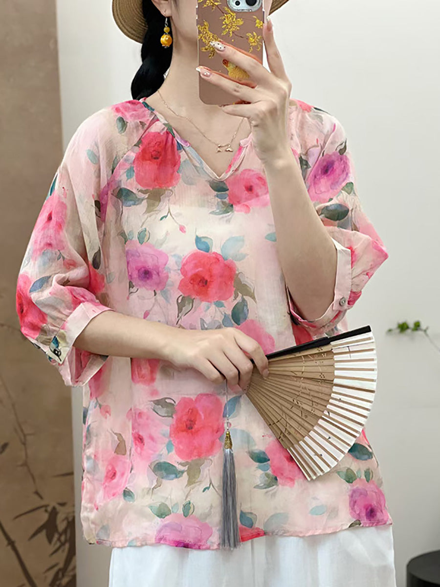 Women Summer Artsy Flower V-Neck Ramie Shirt CX009