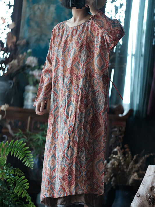 Women Vintage Print O-Neck Ramie Long Robe Shirt CX014