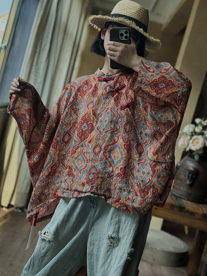 Women Summer Ethnic Print Ramie Loose Shirt CX059