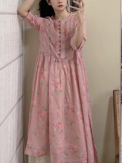 Robe d'été vintage à boutons floraux en ramie pour femmes CX061