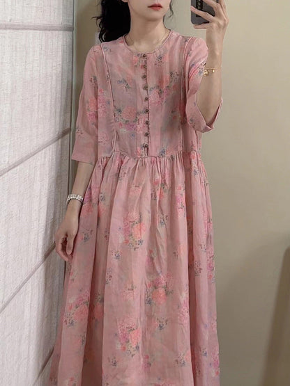 Women Summer Vintage Floral Button Ramie Dress CX061