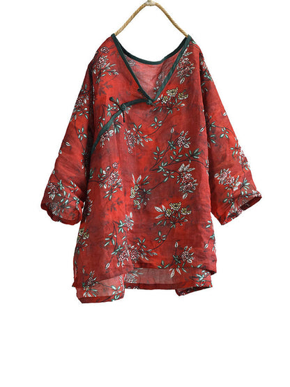 Chemise d'été en ramie à col en V et à fleurs vintage pour femme FD041