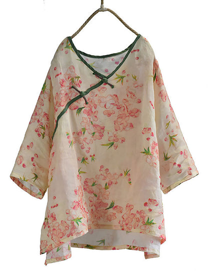 Damen Sommer Vintage Blumen V-Ausschnitt Ramie Shirt FD041