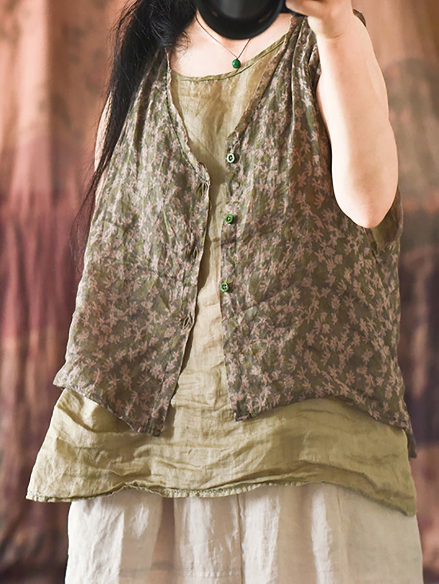 Women Artsy Floral Summer Ramie V-Neck Vest RR017