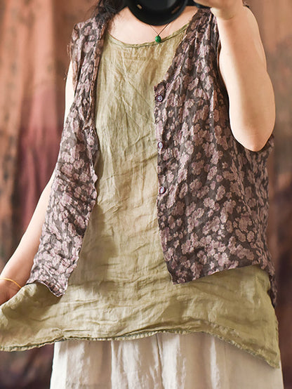 Women Artsy Floral Summer Ramie V-Neck Vest RR017