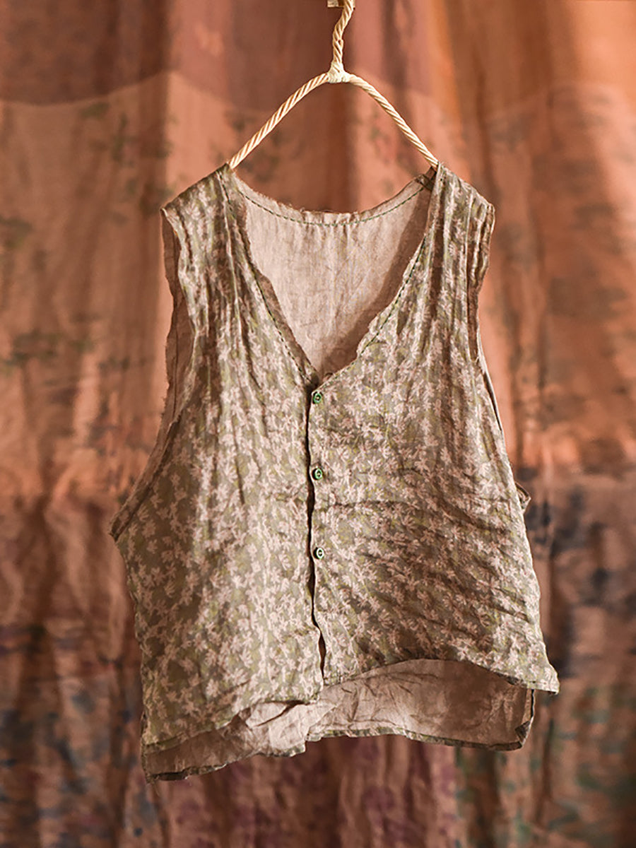 Women Artsy Floral Summer Ramie V-Neck Vest RR017