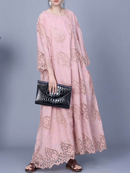 Women Autumn Artsy Dual-layer Cutout Lace Loose Dress RR009