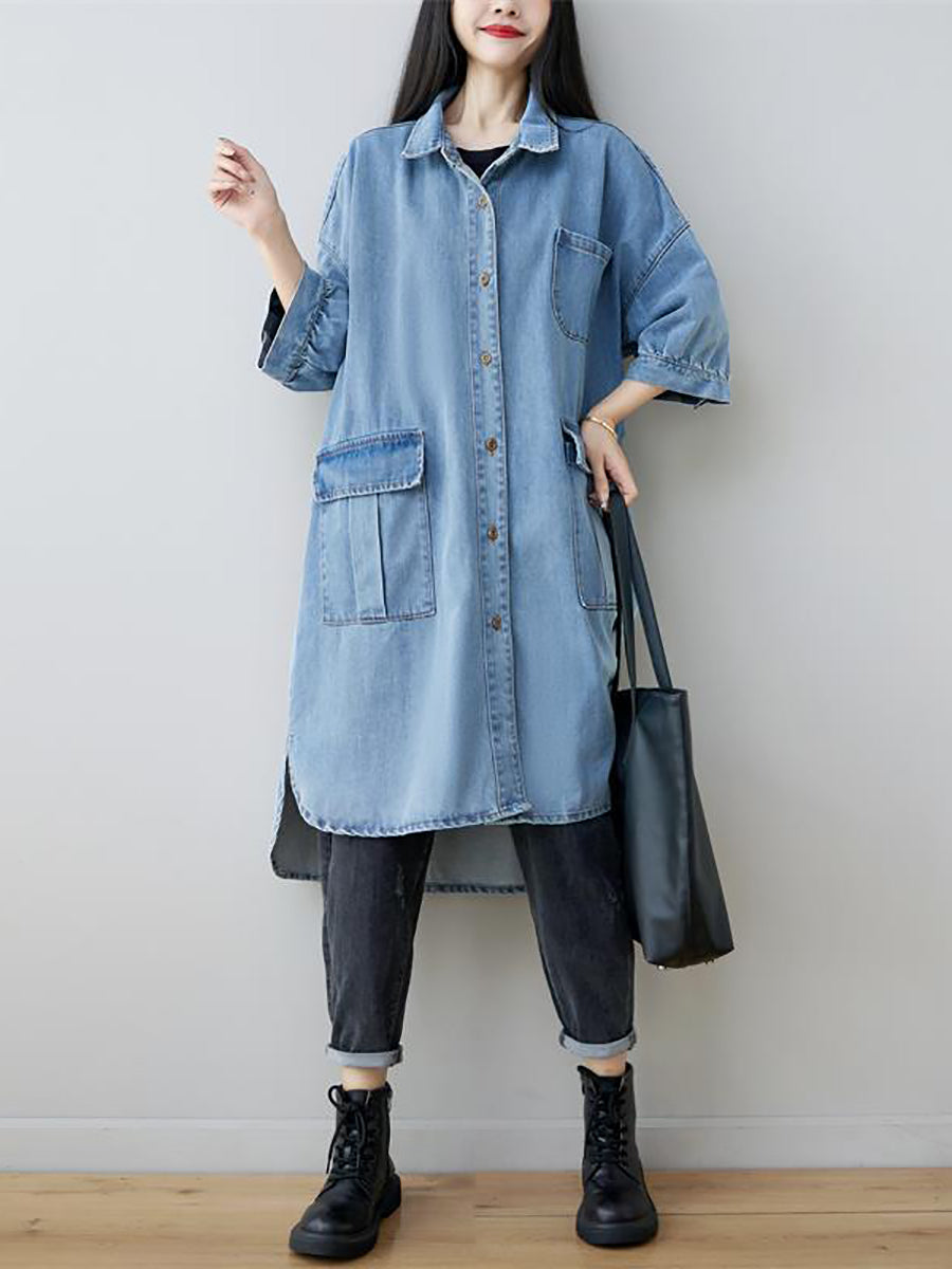 Robe chemise ample en denim à manches trois-quarts pour femme, style vintage, automne, AS1035 