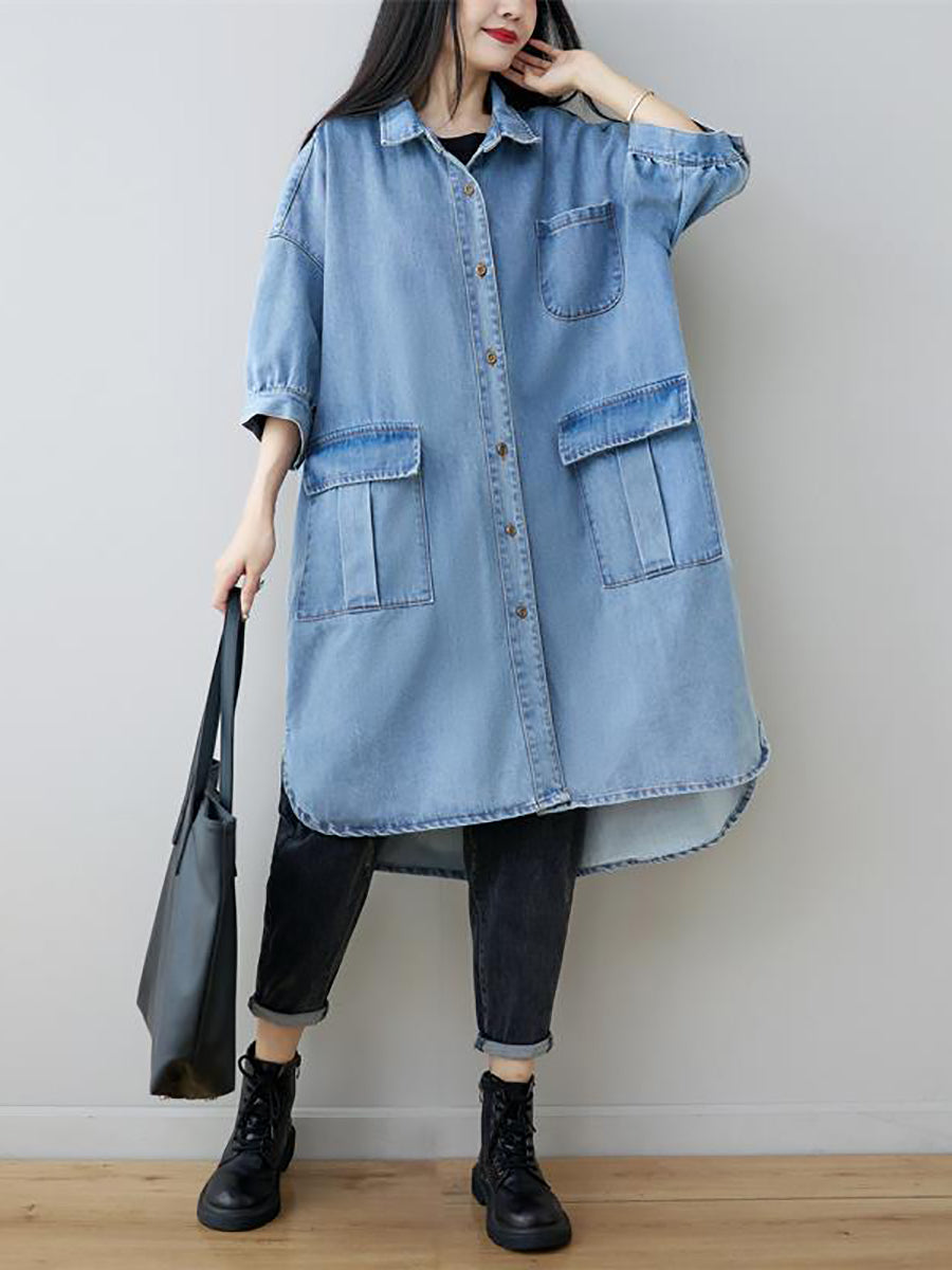 Robe chemise ample en denim à manches trois-quarts pour femme, style vintage, automne, AS1035 