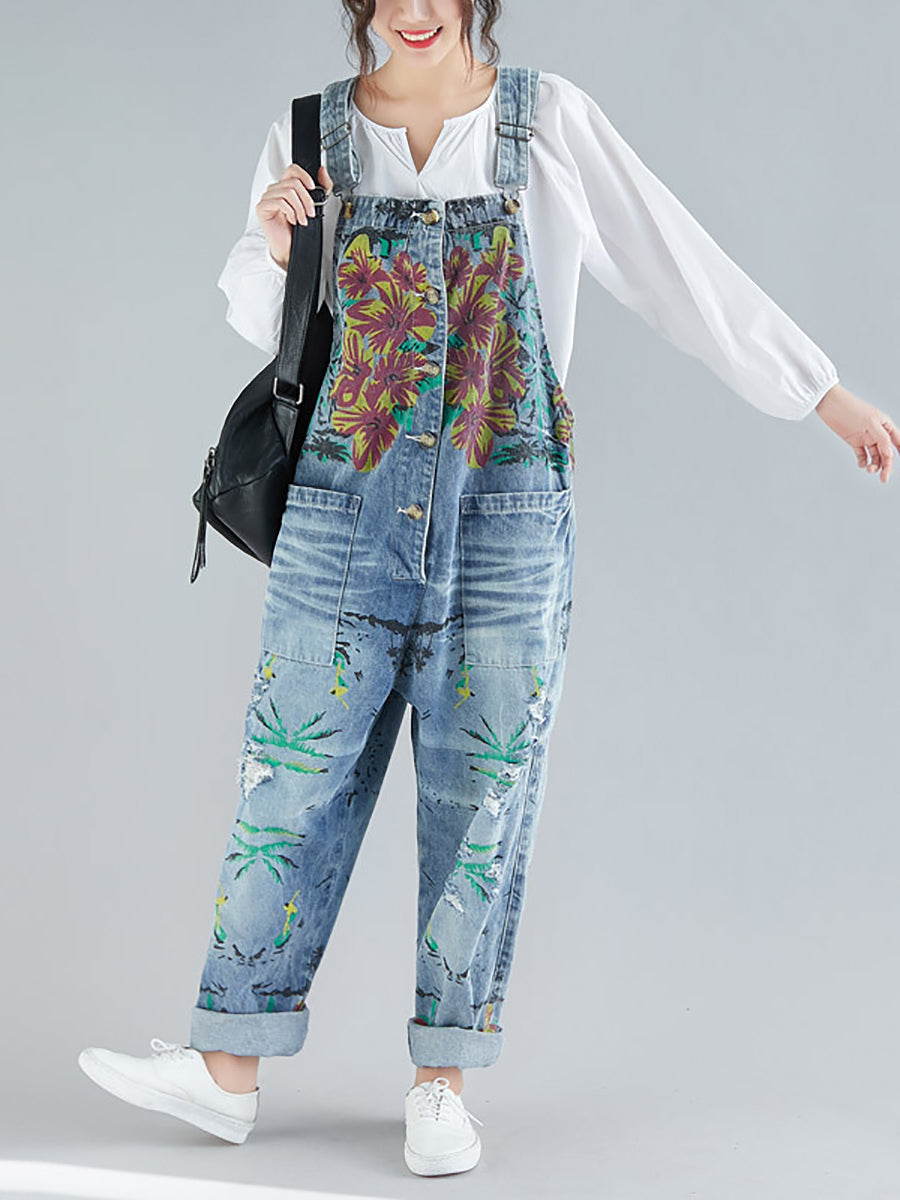 Women Summer Flower Denim Pocket Jumpsuits AS1040