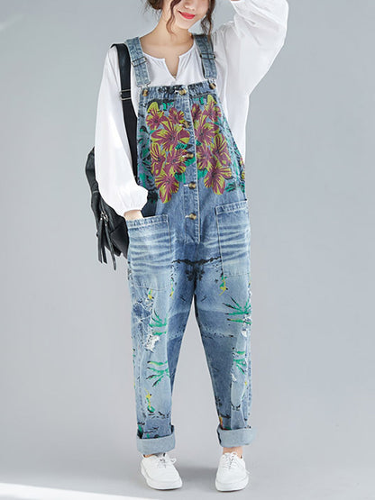 Women Summer Flower Denim Pocket Jumpsuits AS1040