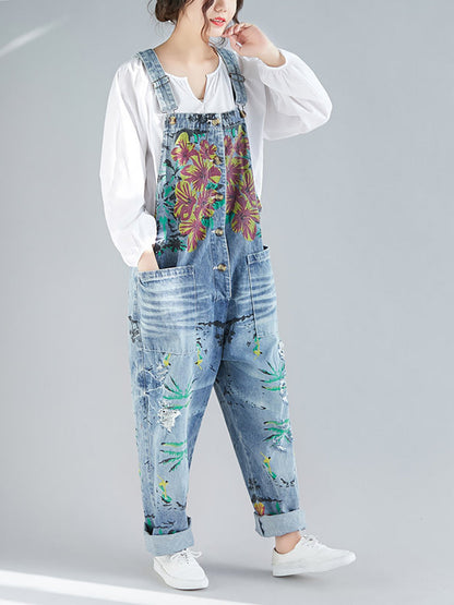 Women Summer Flower Denim Pocket Jumpsuits AS1040