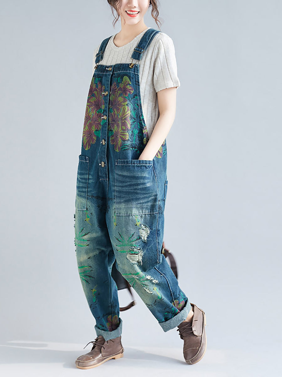 Women Summer Flower Denim Pocket Jumpsuits AS1040