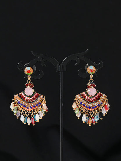 Women Vintage Crystal Tassel Fan Shape Earrings AS1028