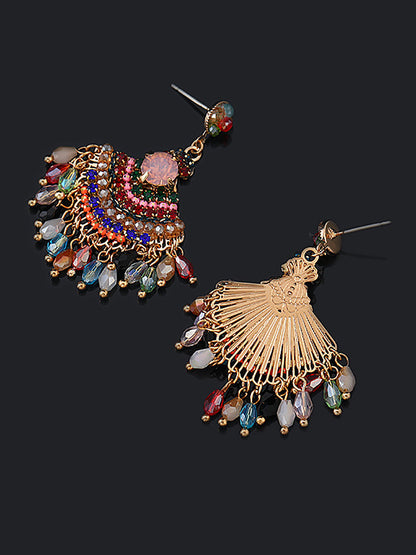 Women Vintage Crystal Tassel Fan Shape Earrings AS1028