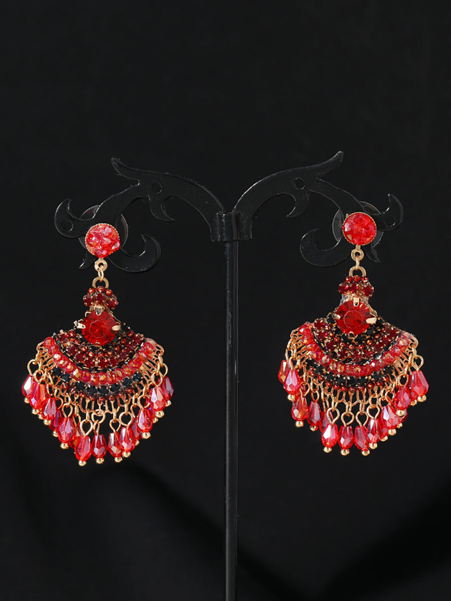 Women Vintage Crystal Tassel Fan Shape Earrings AS1028