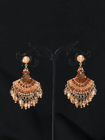 Women Vintage Crystal Tassel Fan Shape Earrings AS1028