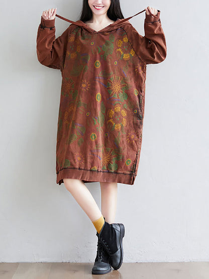 Women Autumn Artsy Flower Loose Hooded Cotton Dress AT1065