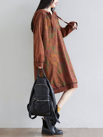 Women Autumn Artsy Flower Loose Hooded Cotton Dress AT1065