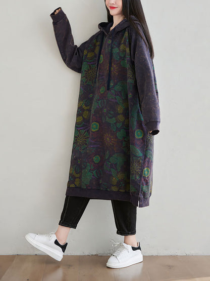 Women Autumn Artsy Flower Loose Hooded Cotton Dress AT1065