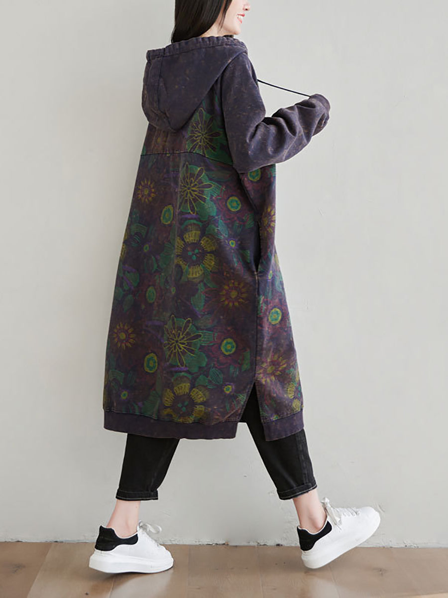 Women Autumn Artsy Flower Loose Hooded Cotton Dress AT1065