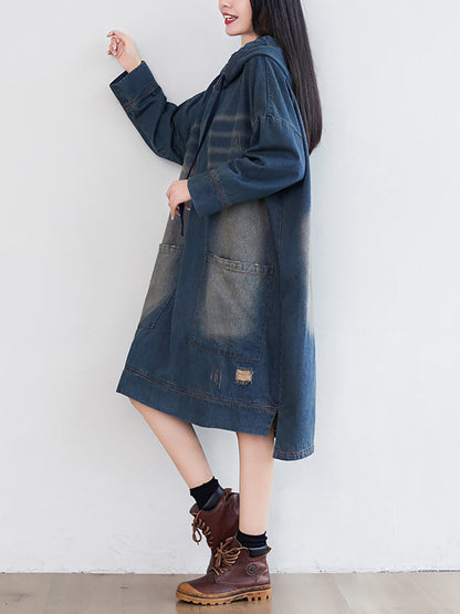 Robe à capuche en denim délavé vintage pour femme AT1066 