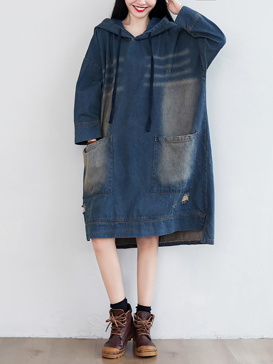 Robe à capuche en denim délavé vintage pour femme AT1066 