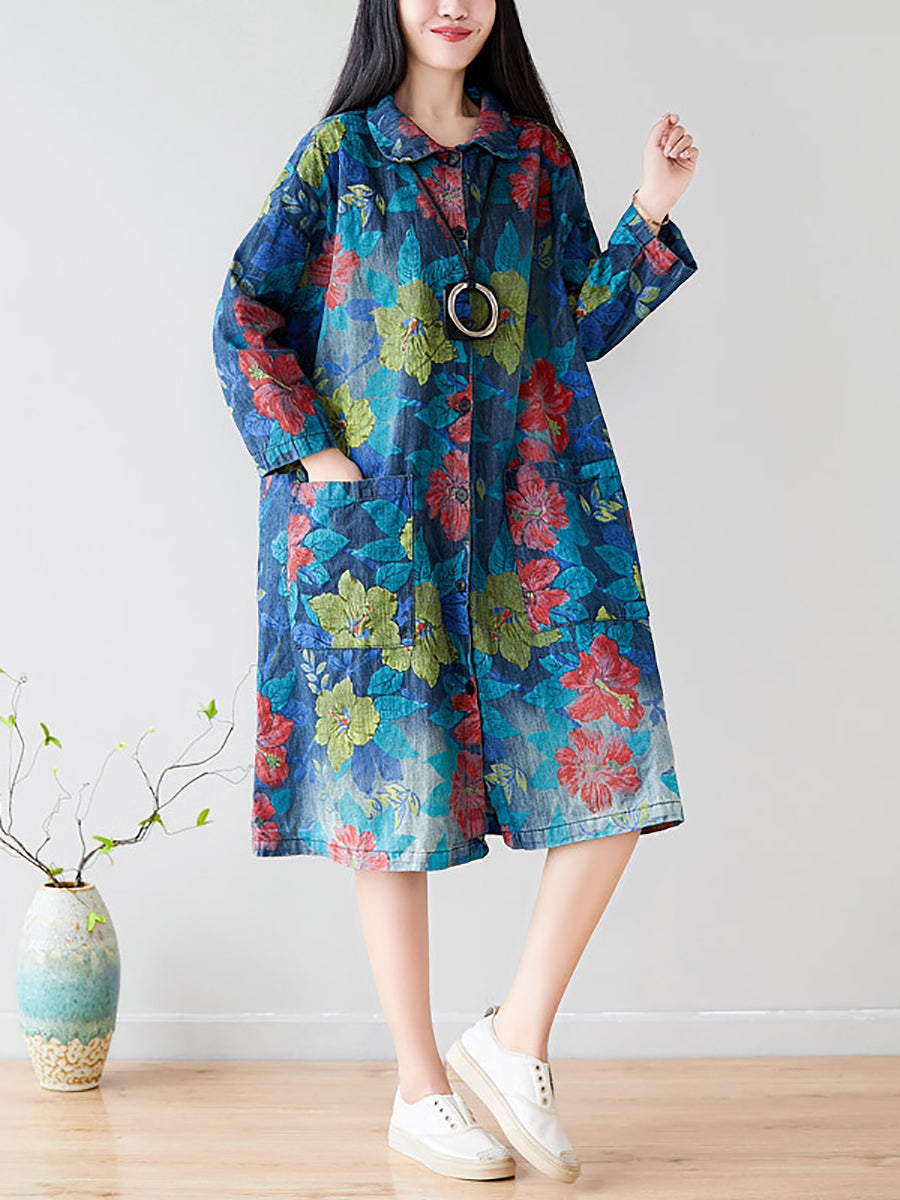 Manteau en denim à poches pour femme avec imprimé floral artistique d'automne AT1049 