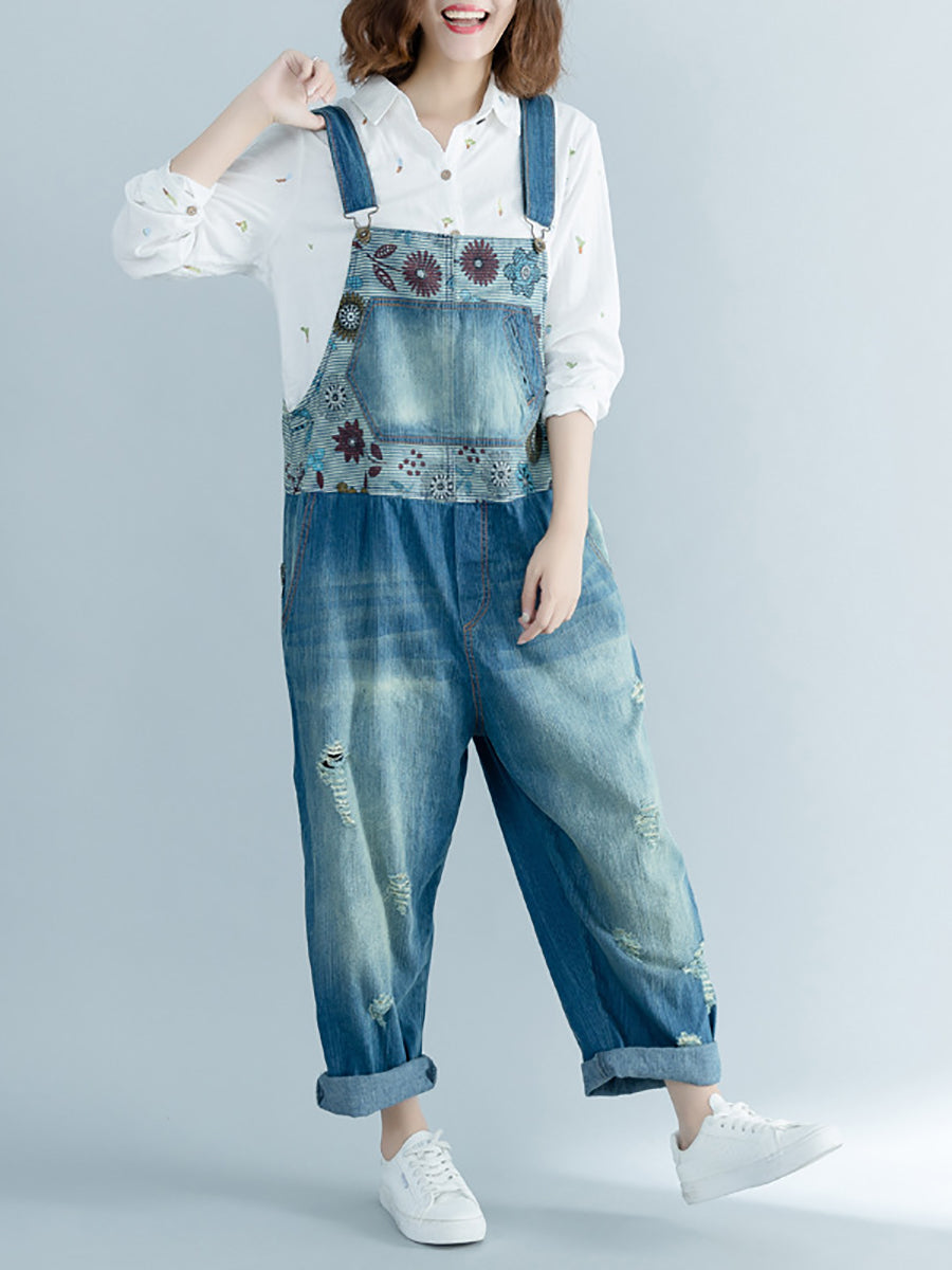 Women Artsy Flower Spliced Denim Frayed Jumpsuits AT1048