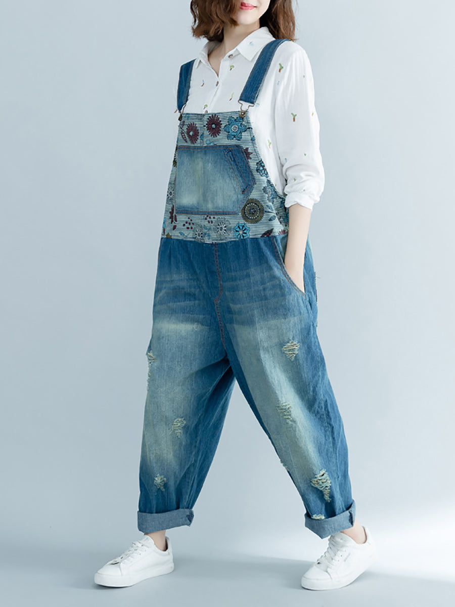 Women Artsy Flower Spliced Denim Frayed Jumpsuits AT1048