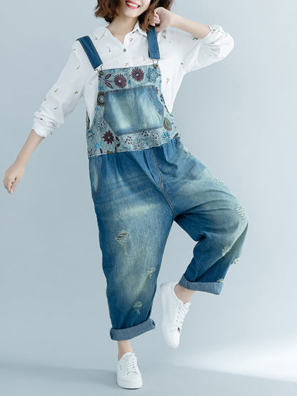 Women Artsy Flower Spliced Denim Frayed Jumpsuits AT1048