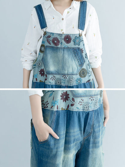 Women Artsy Flower Spliced Denim Frayed Jumpsuits AT1048