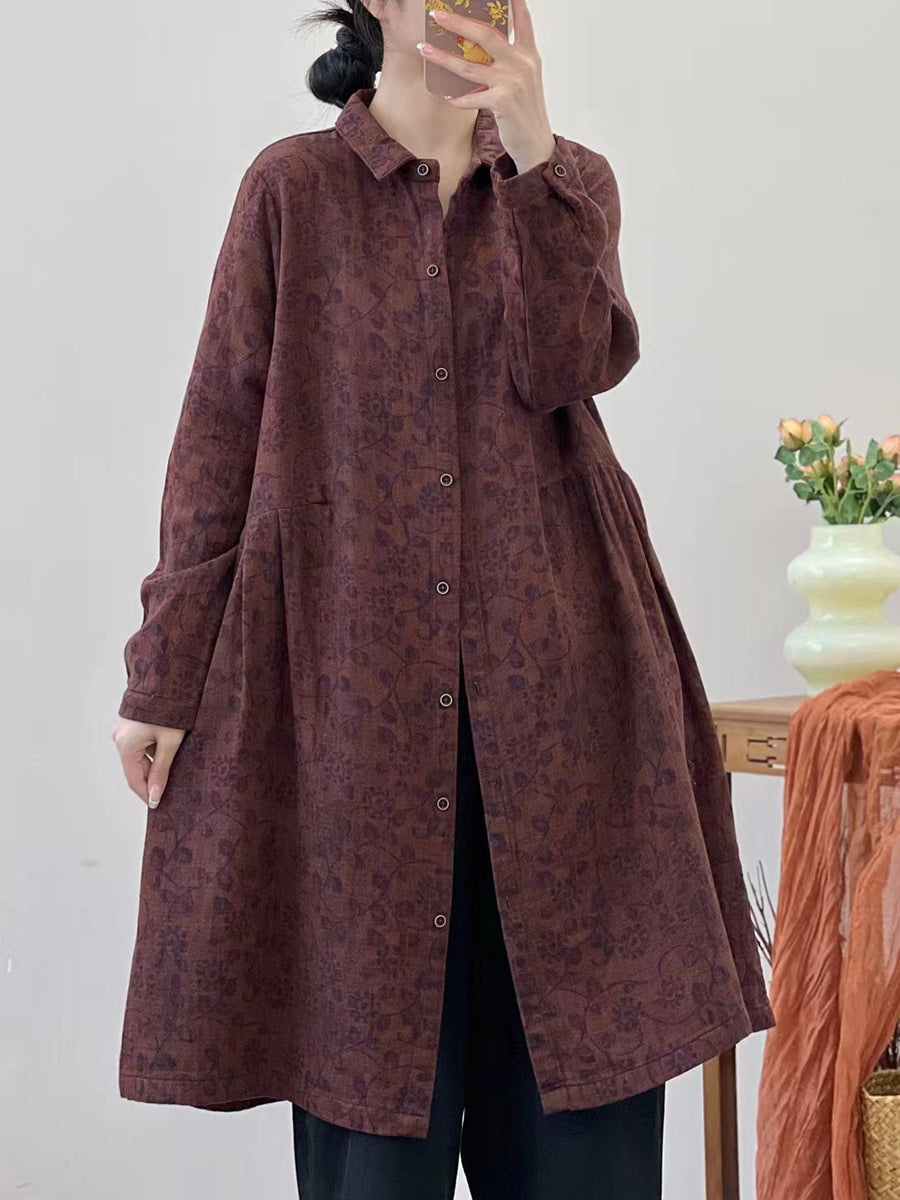 Women Autumn Vintage Flower Loose Cotton Shirt Coat AT1051