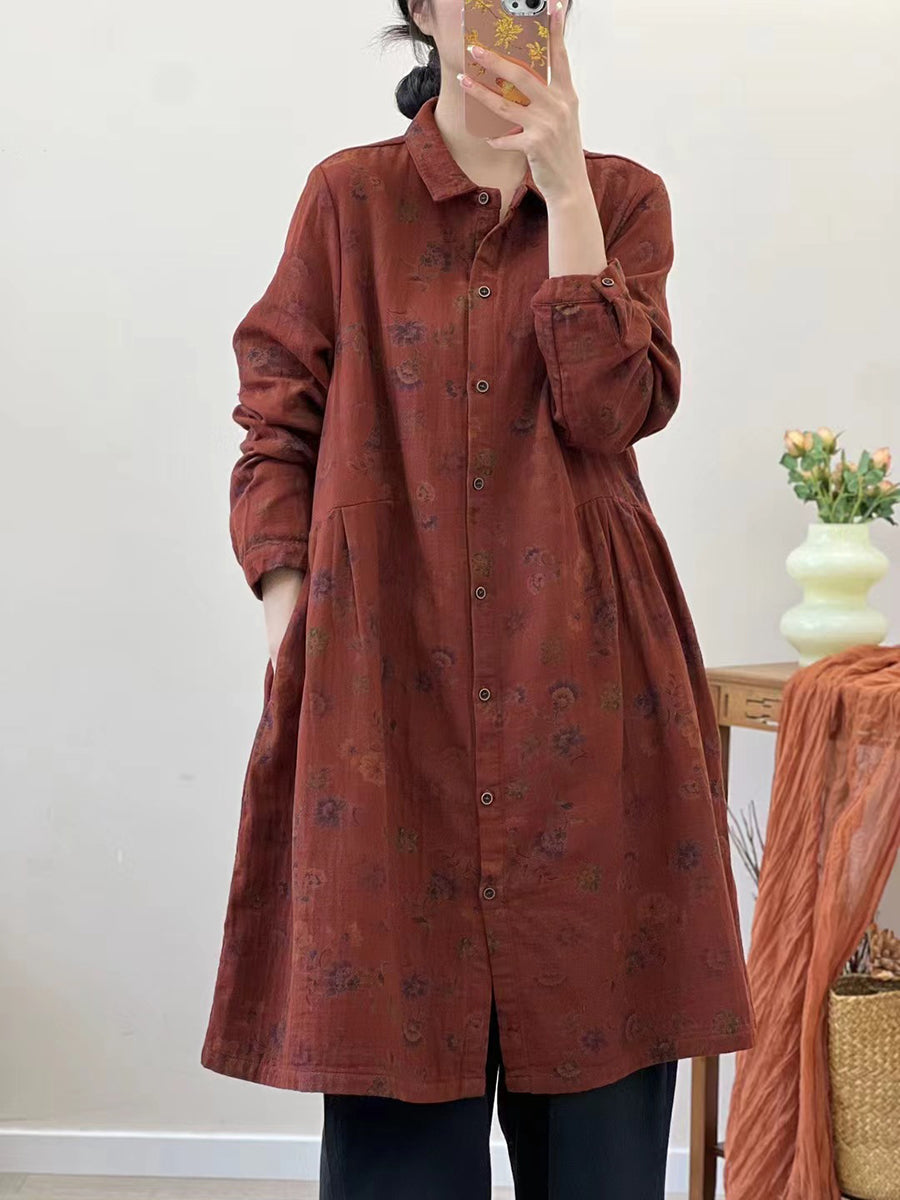 Women Autumn Vintage Flower Loose Cotton Shirt Coat AT1051