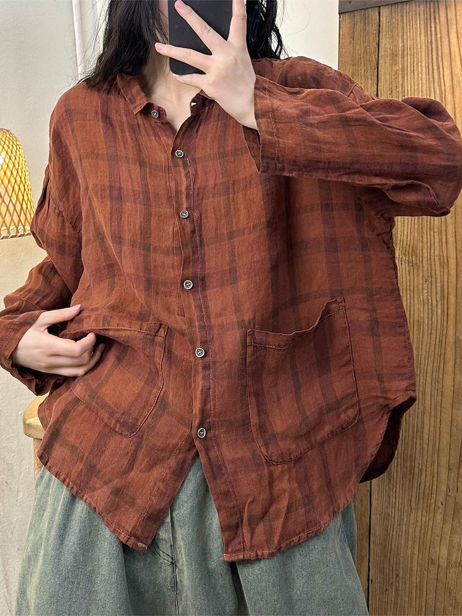 Women Autumn Vintage Plaid Turn-down Linen Blouse AT1052