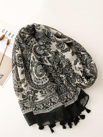 Women Artsy Flower Black White Tassel Shawl Scarf AS1011