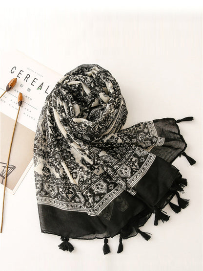 Women Artsy Flower Black White Tassel Shawl Scarf AS1011