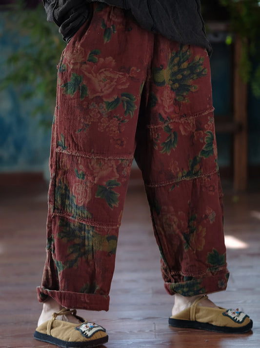 Pantalon large en coton épissé à fleurs rétro pour femme, automne AT1024