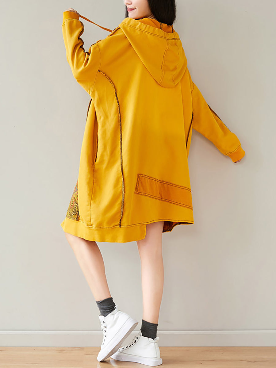 Women Autumn Casual Flower Spliced Hem Hooded Dress AT1021