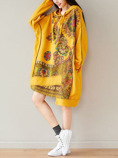 Women Autumn Casual Flower Spliced Hem Hooded Dress AT1021