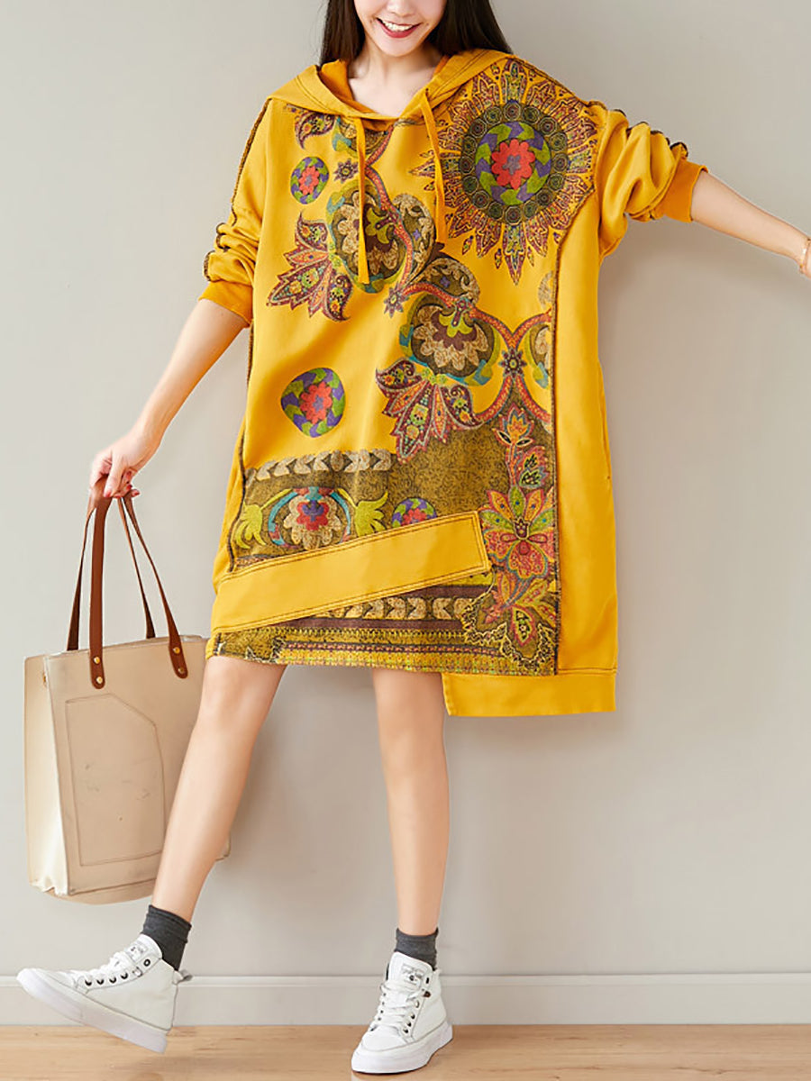 Women Autumn Casual Flower Spliced Hem Hooded Dress AT1021