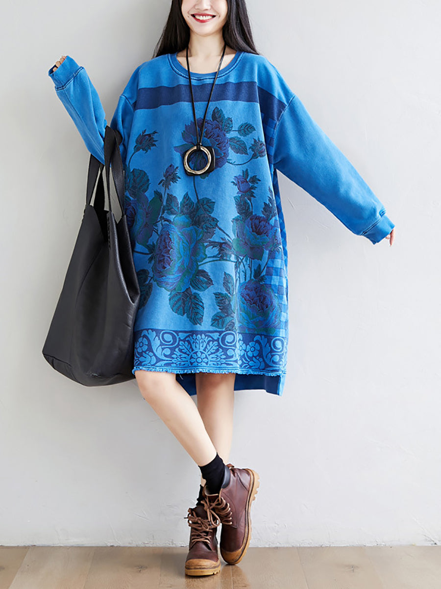 Women Autumn Casual Flower Knee Length O-Neck Dress AT1020