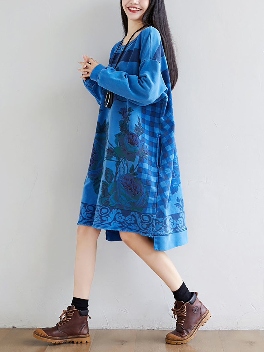 Women Autumn Casual Flower Knee Length O-Neck Dress AT1020