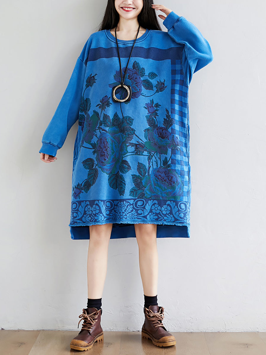 Robe décontractée à fleurs pour femmes, longueur genou, col rond, automne, AT1020