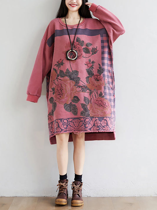 Women Autumn Casual Flower Knee Length O-Neck Dress AT1020