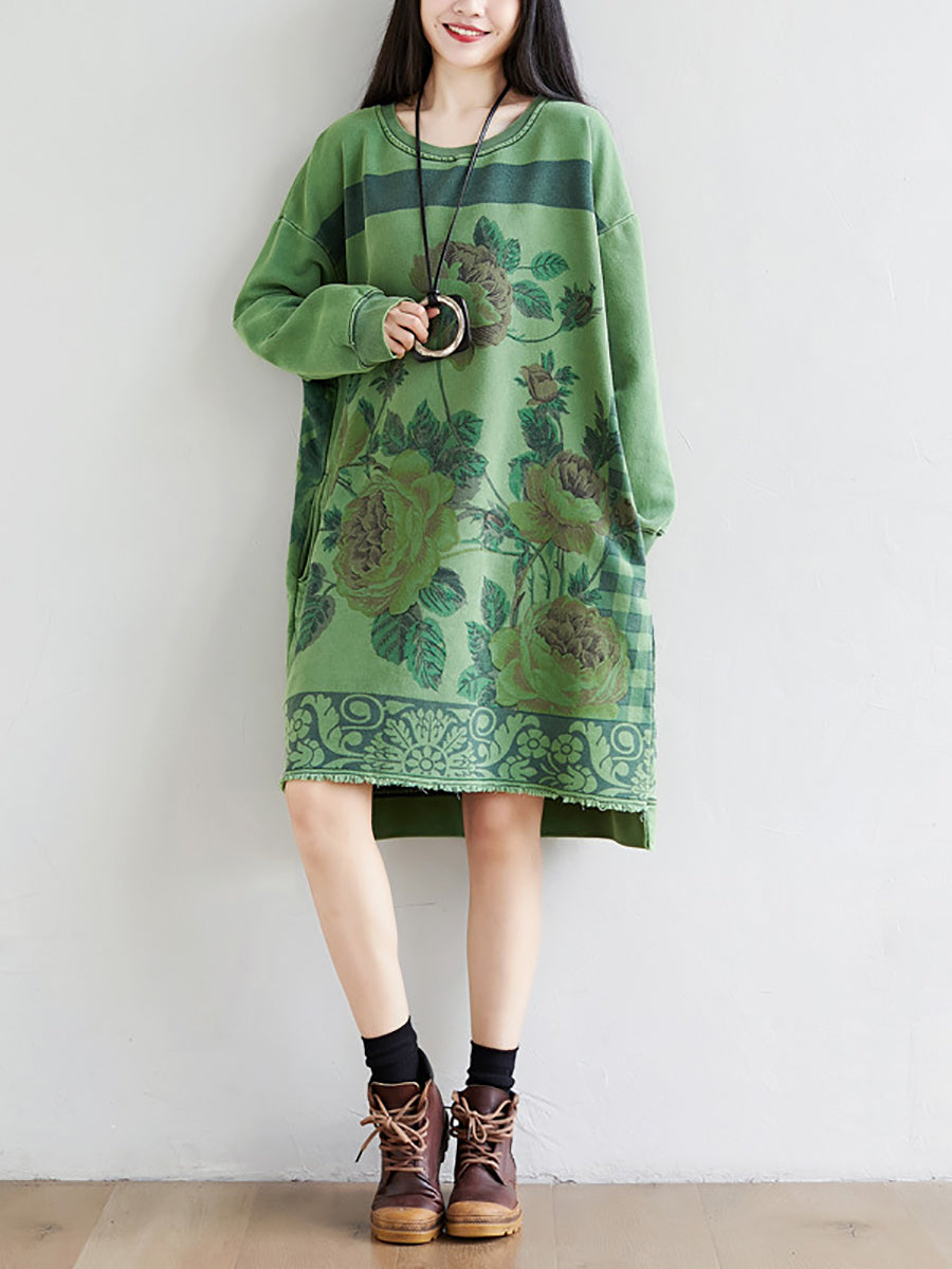 Women Autumn Casual Flower Knee Length O-Neck Dress AT1020