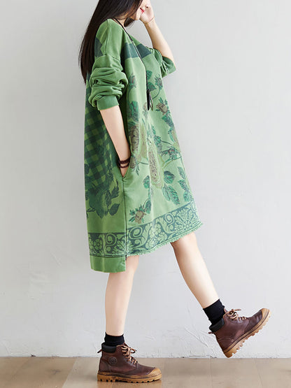 Women Autumn Casual Flower Knee Length O-Neck Dress AT1020